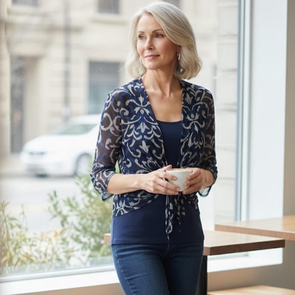 Chico's | Blue and White Tie Front Sheer Cardigan